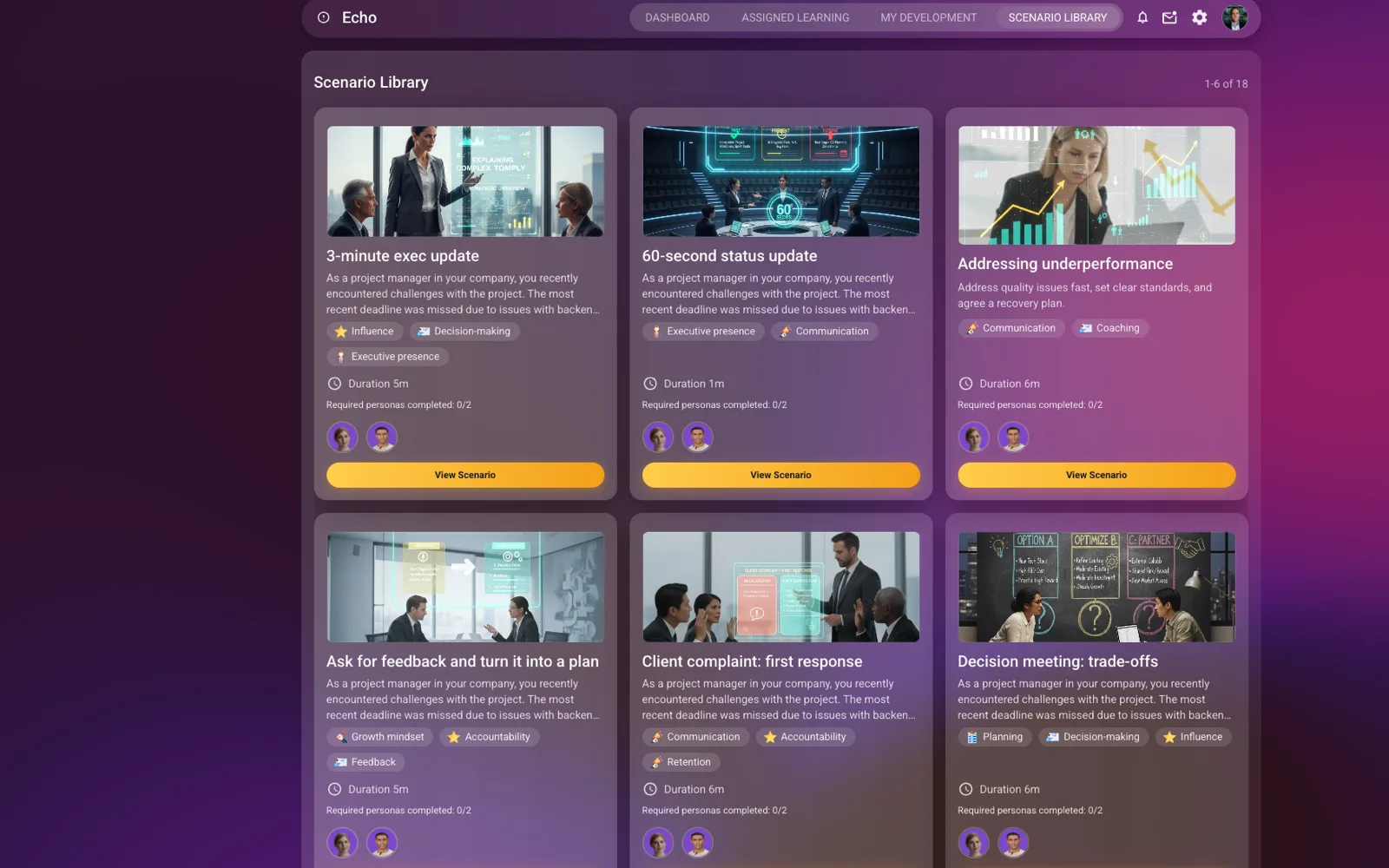 Echo scenario library — six scenario tiles with thumbnails, titles, competency tags, and personas assigned