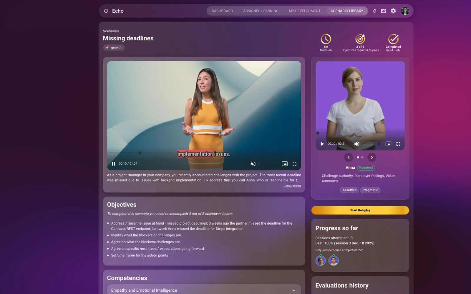 Echo scenario briefing screen showing the persona, objectives, and context before a rehearsal
