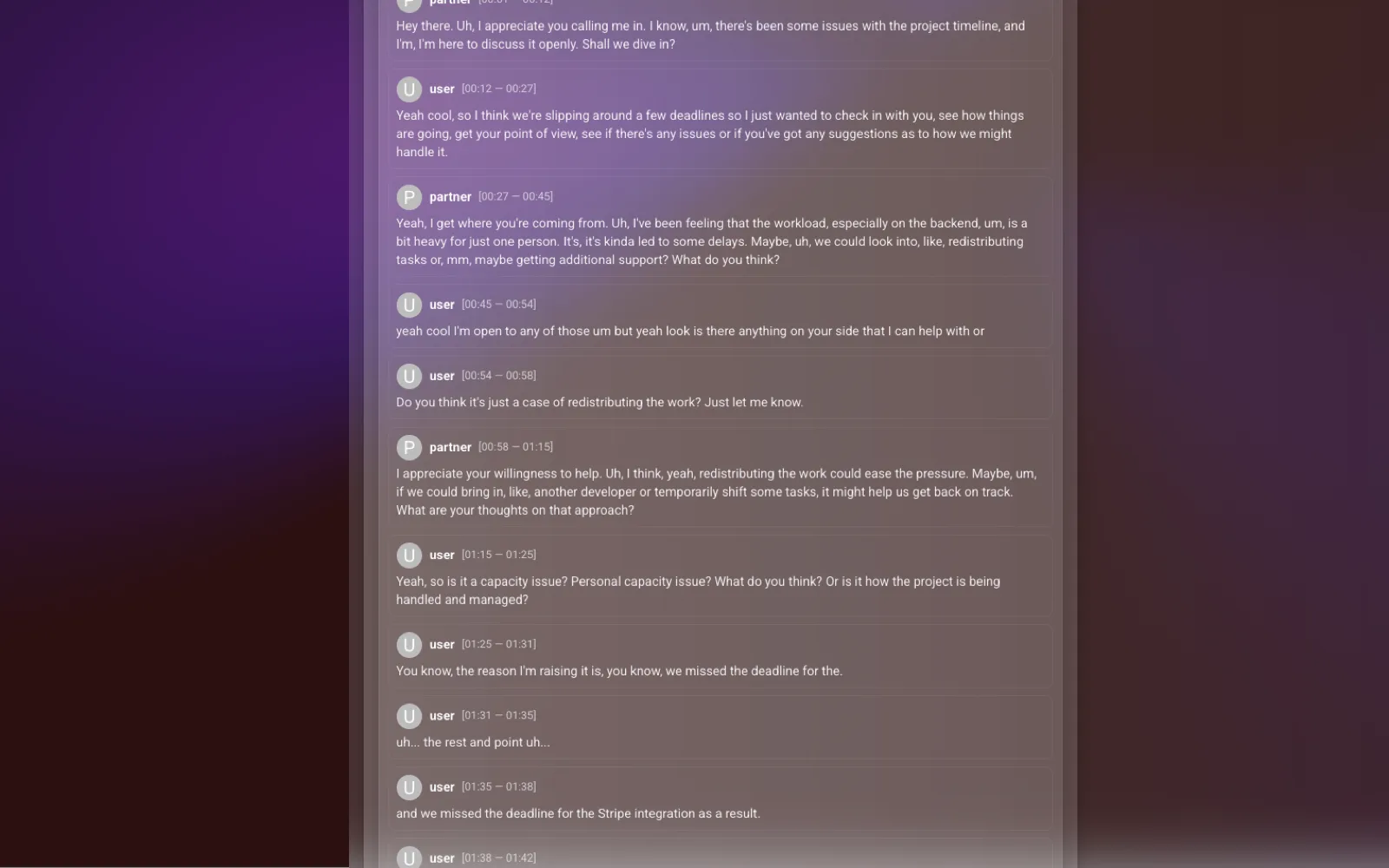 Echo live voice conversation transcript with user and partner exchanges